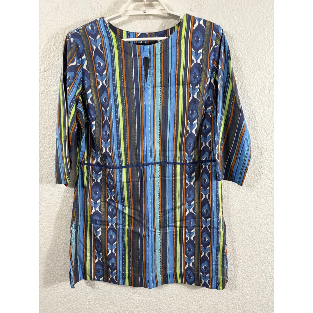 J Peterman Womens Medium Blue Striped Ikat Cotton‎ Tunic Top 3/4 Sleeve Keyhole